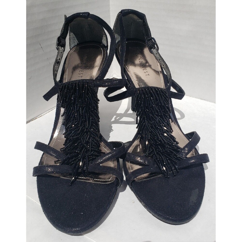 Nine West Black Strappy High Heels Size 7M w/Beaded Accents EUC R-SNOOKIE-X3